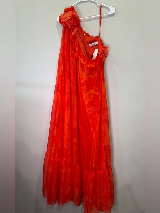 Mac Duggal One-Shoulder Orange Chiffon Maxi with Rosette - Picture 2 of 6